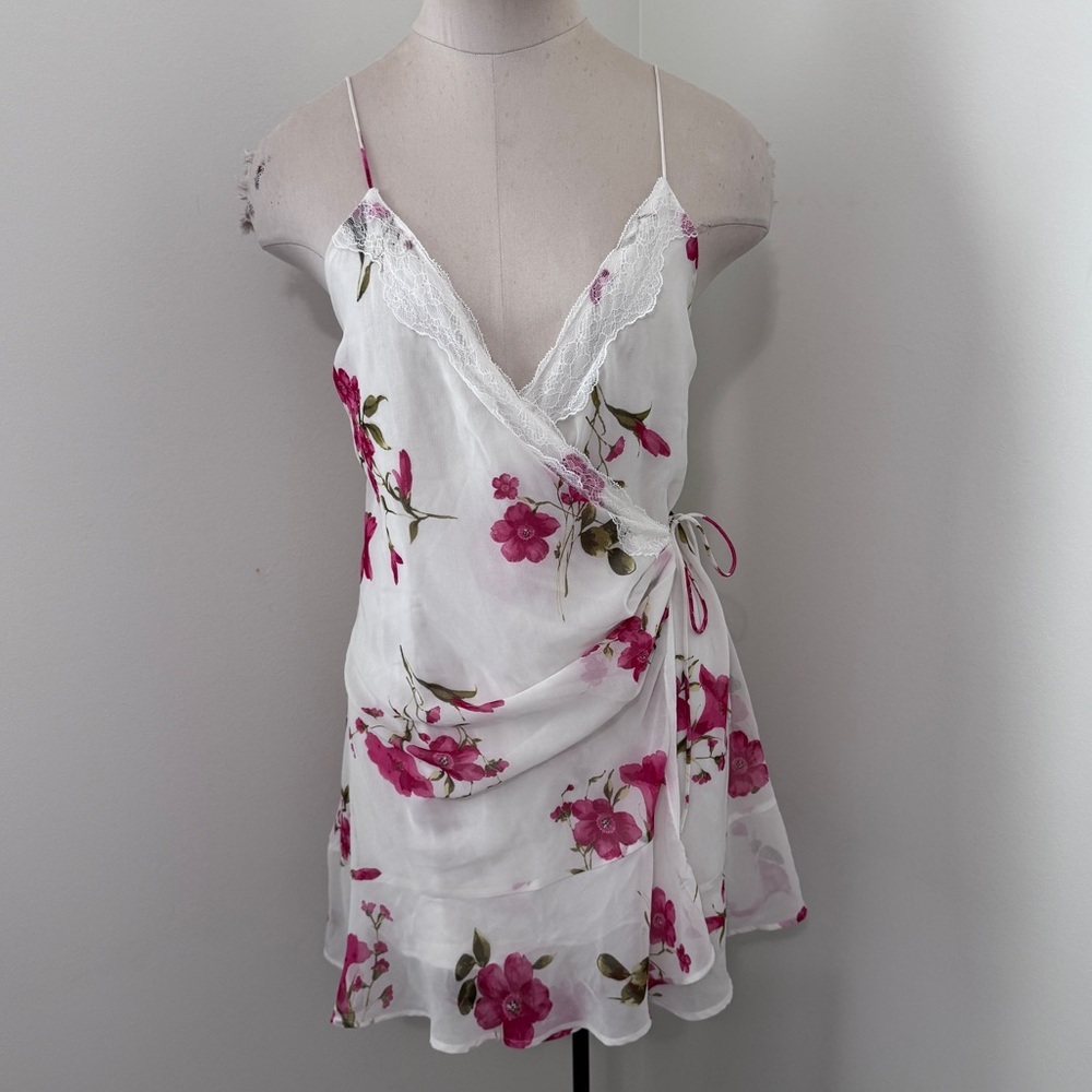 Zara Small White Pink Floral Mini Wrap Satin Slip Dress